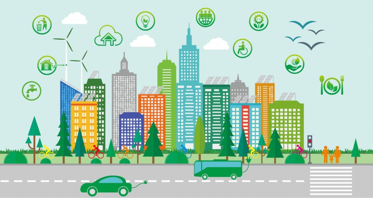 Sustainable city illustration with green buildings and renewable energy