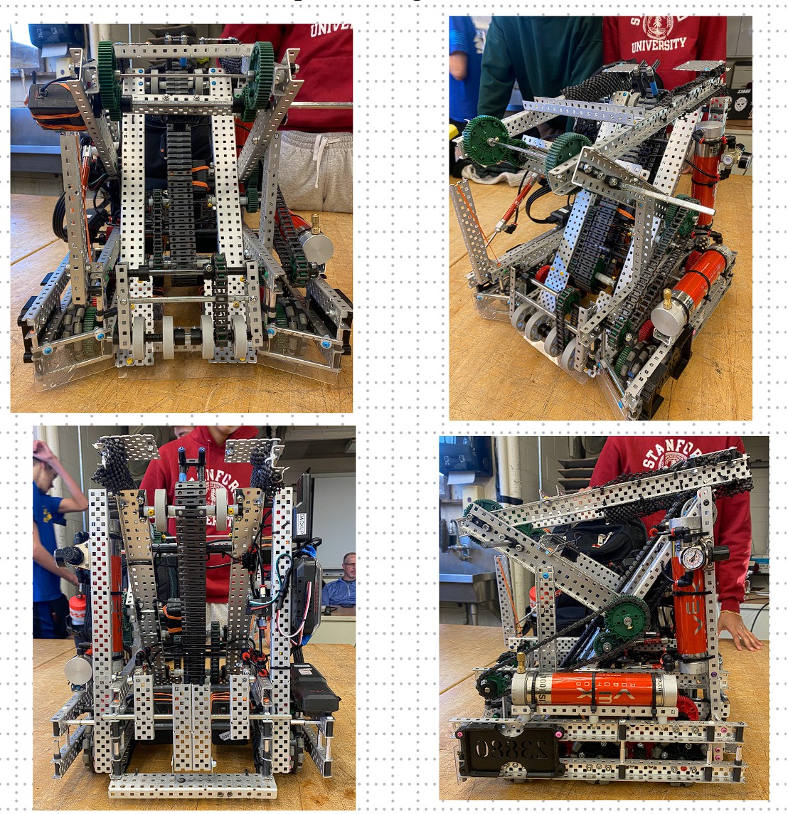 Multiple angles of VEX robot showing mechanical design